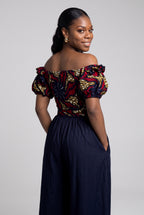 Back view of Ruby Nova navy African print wrap top
