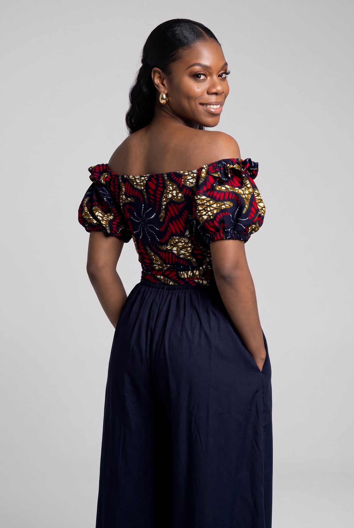 Back view of Ruby Nova navy African print wrap top
