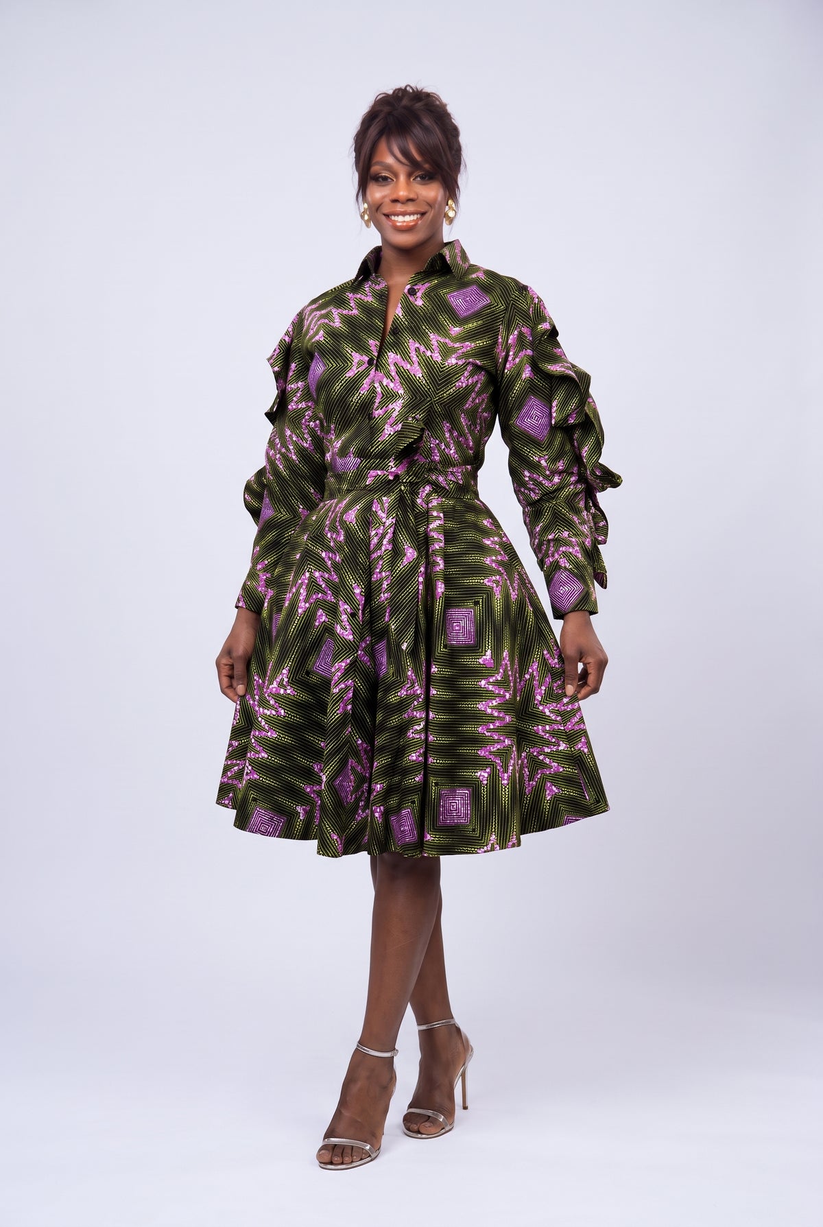 Front view of Olive Ray green African print shirt dress