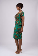 Side view of teal gold and black Ankara peplum midi dress