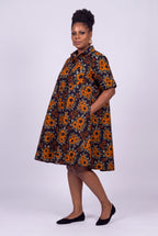 Three quarter view of Amber Bloom African print swing dress