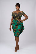 Front view of Teal Flora teal African print peplum dress