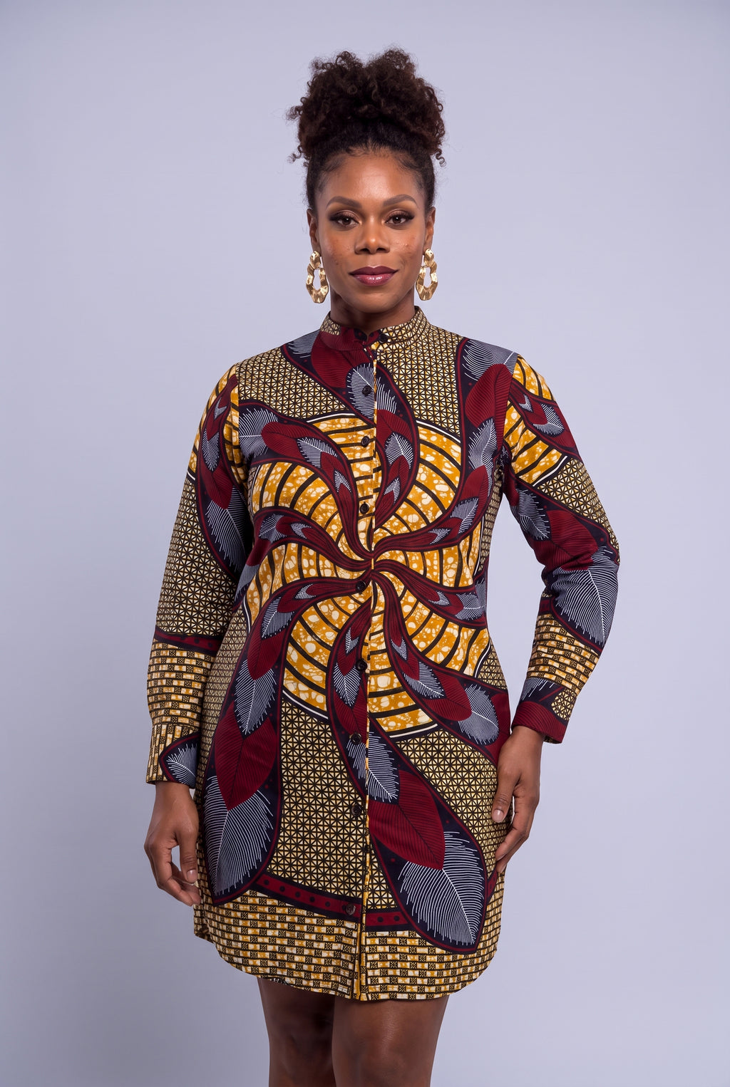  Front view of Burgundy Helix Ankara shirt dress with burgundy grey and gold spiral print