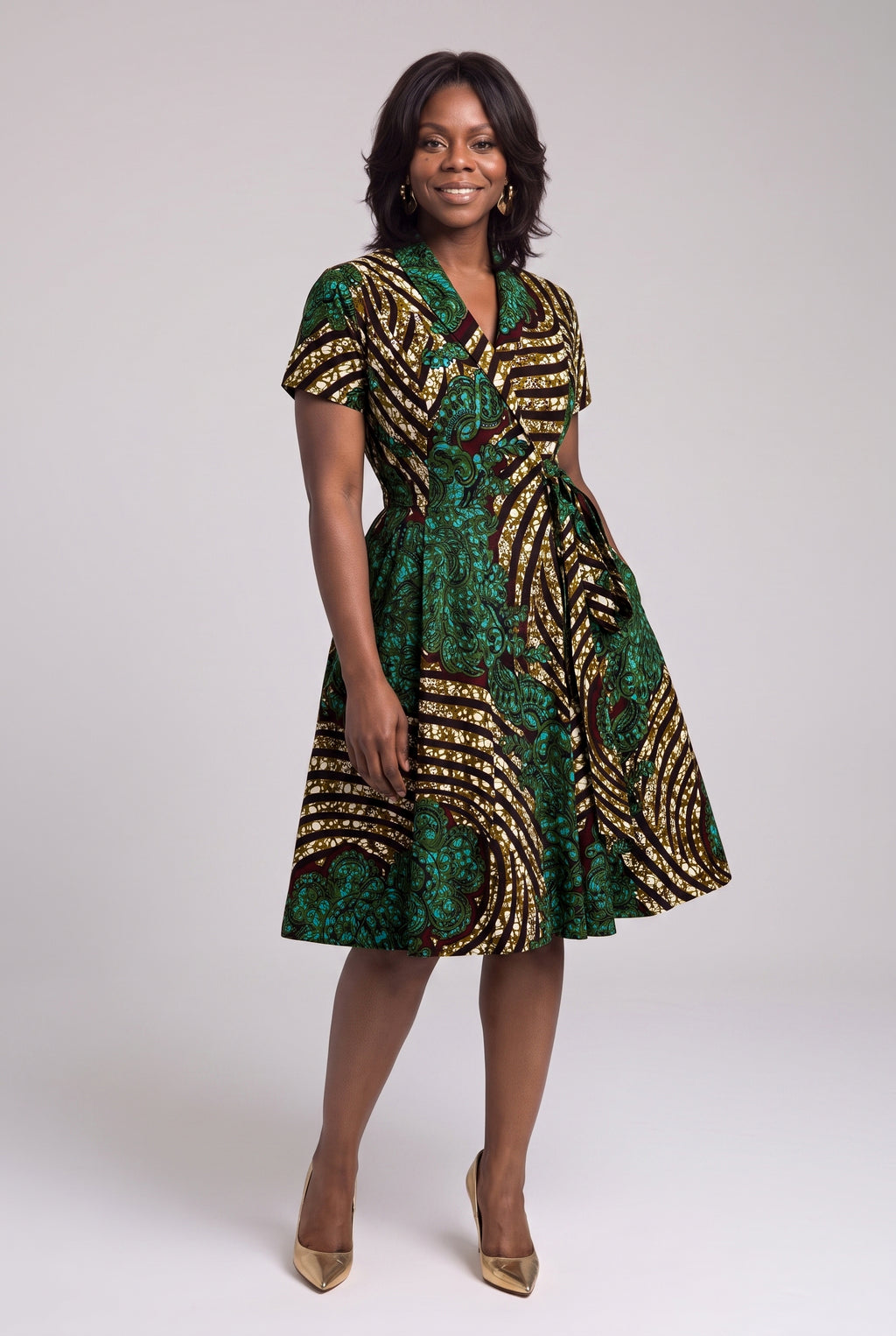 Front view of Emerald Frond green African print wrap dress