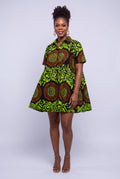  Full length view of Lime Orbit Ankara short dress with a relaxed flared shape and short sleeves