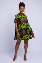 Front view of Lime Orbit short Ankara shirt dress with pointed collar and button front
