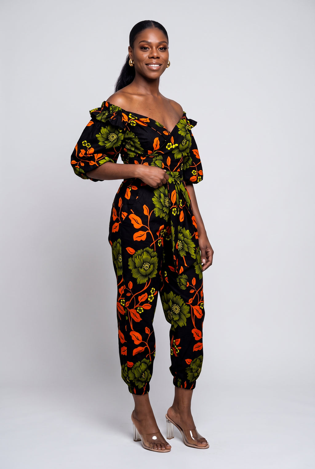 Three quarter view of Olive Oasis African print two piece outfit