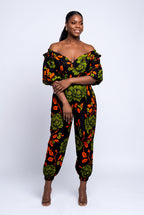Front view of Olive Oasis green African print two piece trouser set
