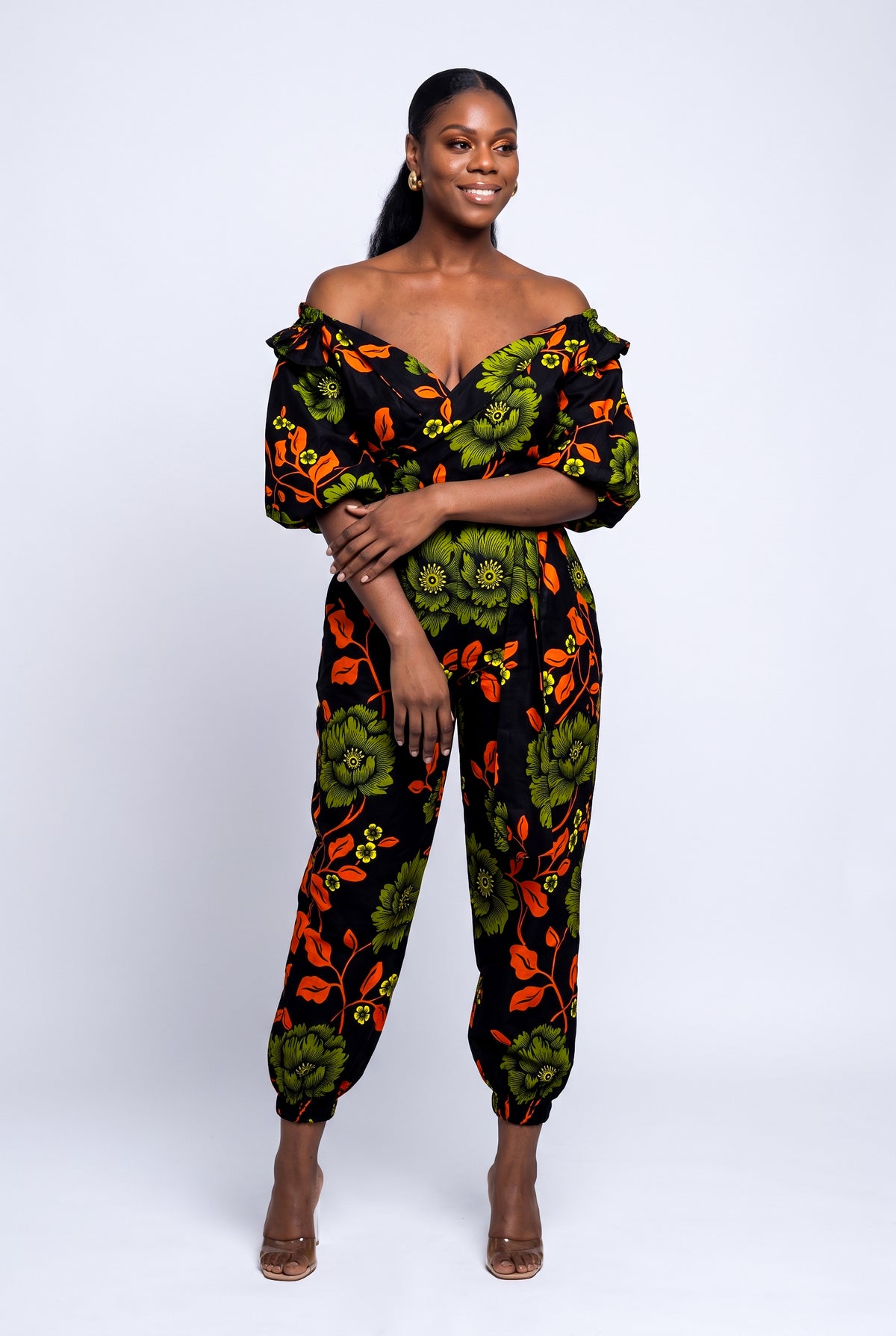 Front view of Olive Oasis green African print two piece trouser set