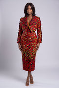 Front view of Red Vine red African print two piece dress and jacket set