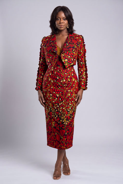 Front view of Red Vine red African print two piece dress and jacket set