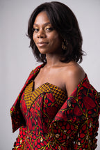 Close-up studio portrait of a model showing the multi-way foldover lapel collar layout of our african-2-piece-set