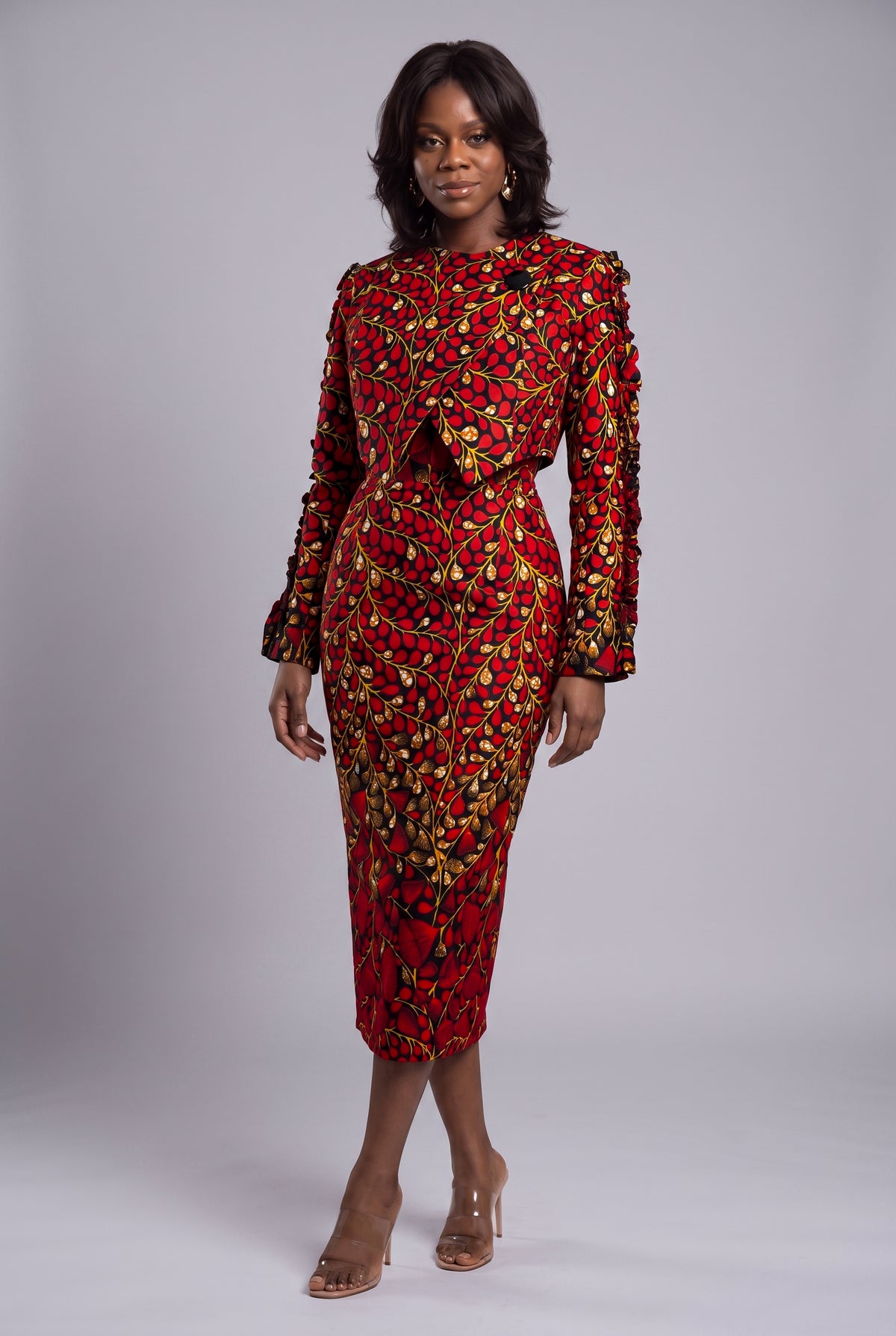 Three quarter view of Red Vine African print two piece set