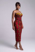 Side view of Red Grid red gold and black Ankara corset dress