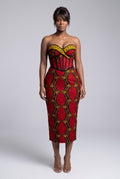 Model wearing Red Grid red African print strapless corset midi dress with a fitted silhouette