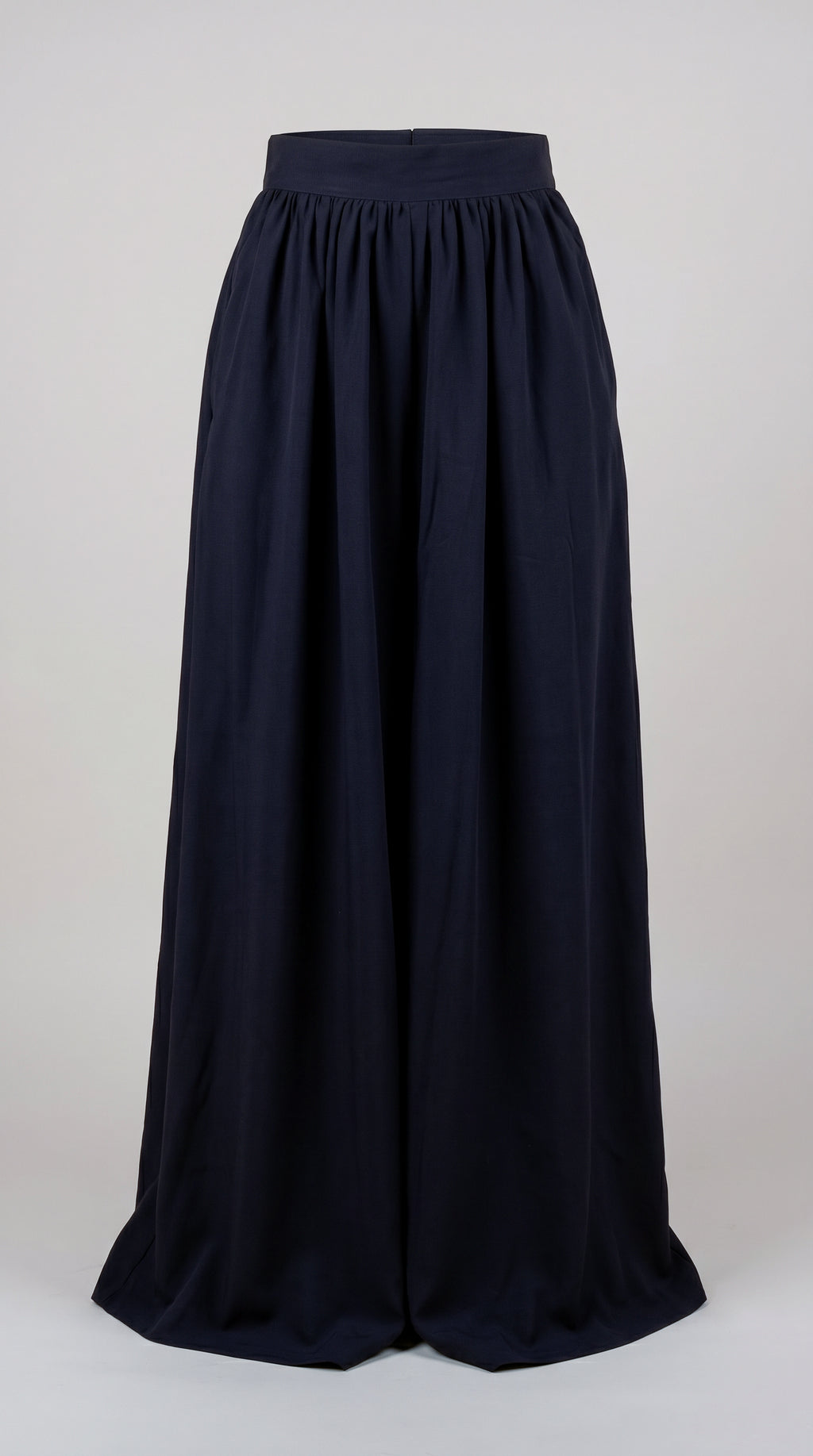  Full length view of Sapphire Navy wide leg trousers with a fluid floor length drape