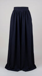  Full length view of Sapphire Navy wide leg trousers with a fluid floor length drape