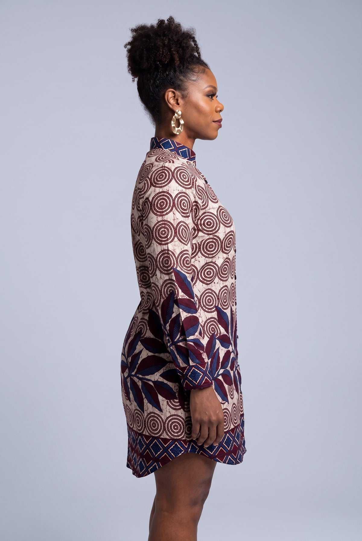  Side profile of Spiral Vine long sleeve Ankara shirt dress with relaxed straight fit
