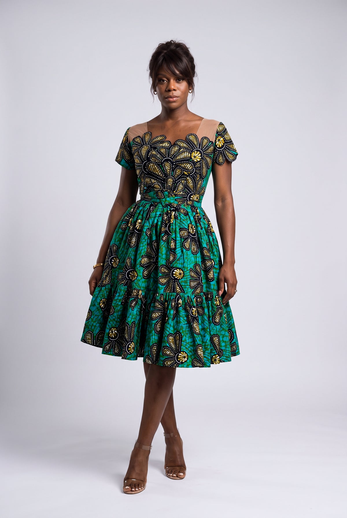 Front view of Teal Flora green African print rhinestone dress