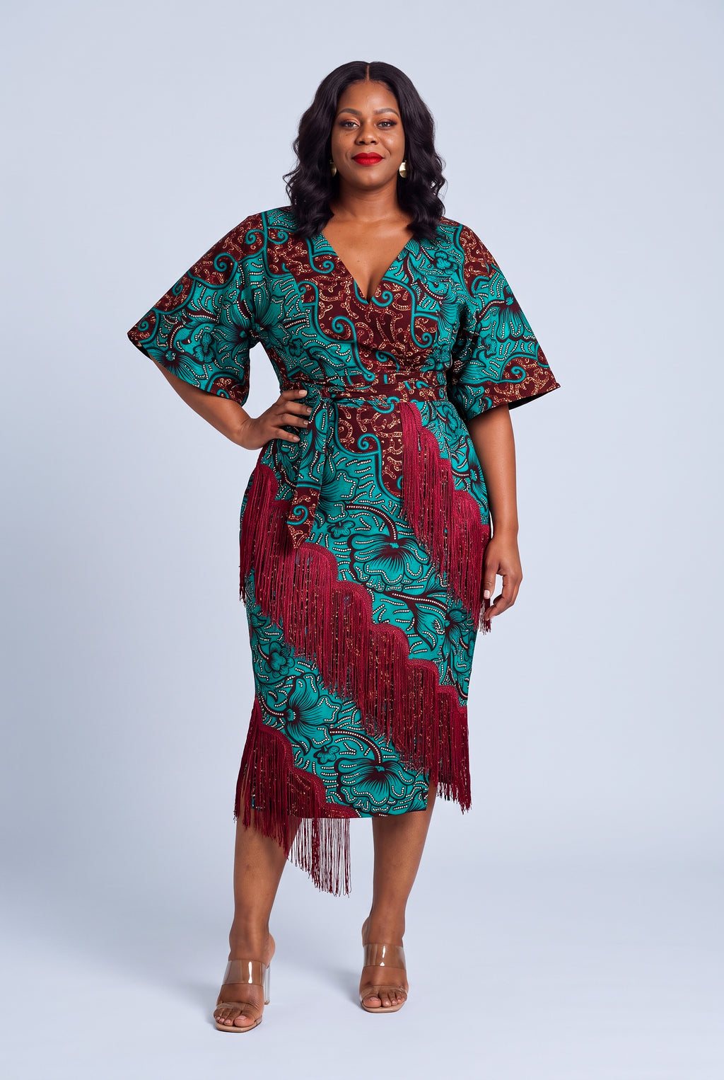 Front view of Burgundy Oasis burgundy African print fringe dress