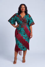 Front view of Burgundy Oasis burgundy African print fringe dress