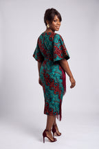 Back view of burgundy African print fringe midi dress