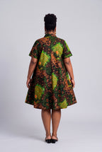 Back view of Verdant Ripple green African print shirt dress with relaxed swing silhouette