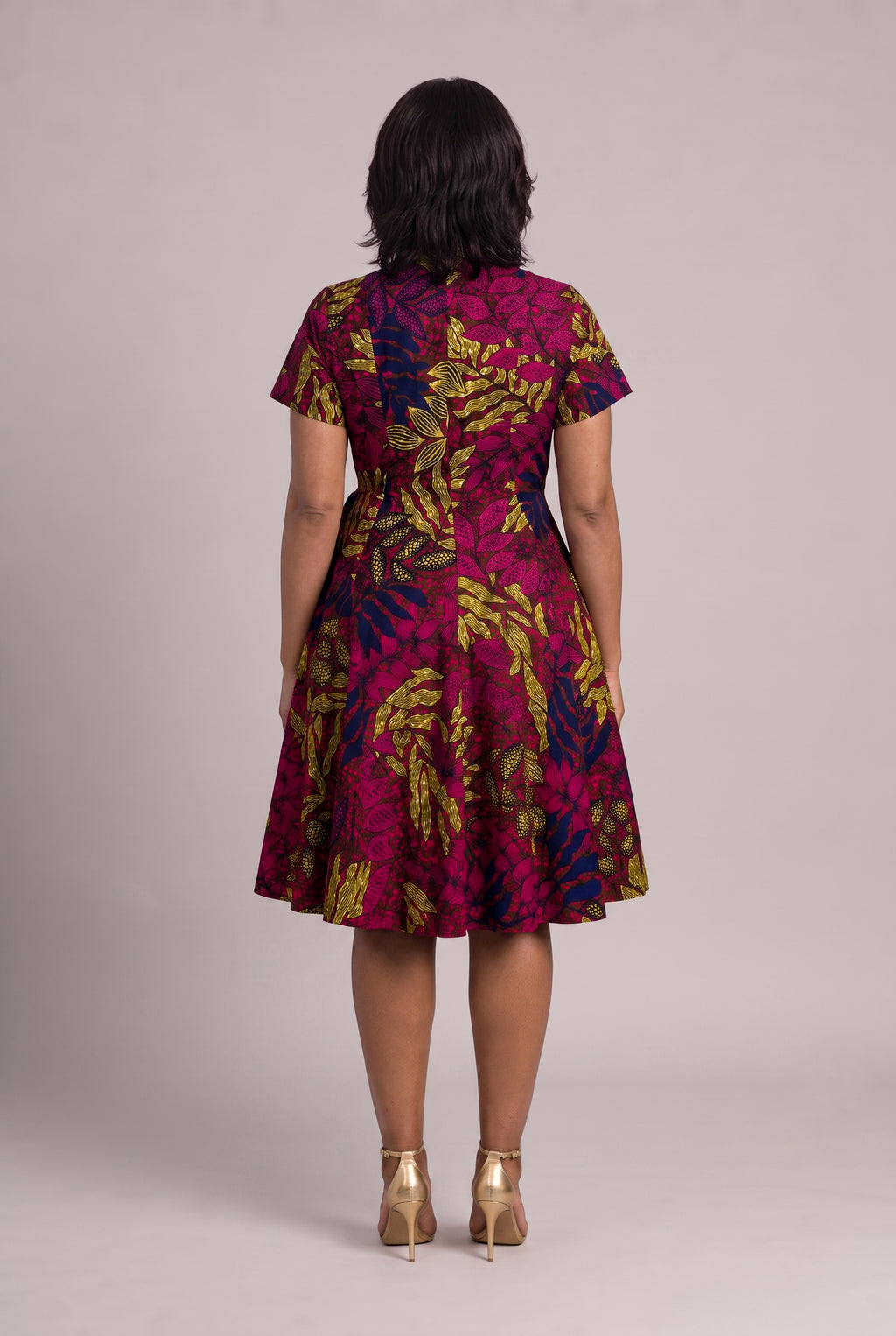 Back view of pink African wrap dress in Ankara wax print