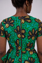 Back view of teal gold and black Ankara wax print fabric