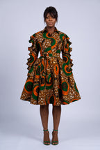 Front view of Bronze Sun orange African print shirt dress, 